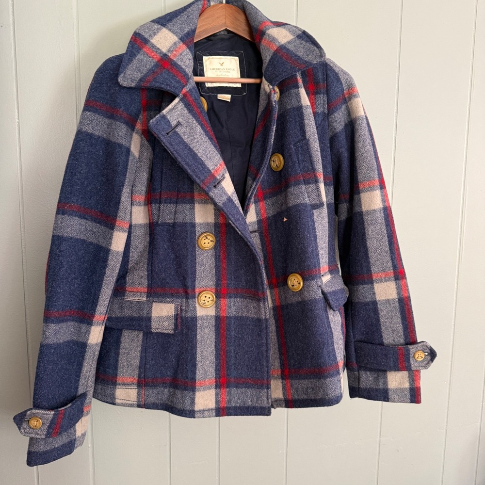 Y2K Vtg American Eagle Dark Academia Plaid Wool Hooded Peacoat L Double Breasted